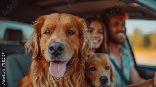 The family is driving on the weekend. Father and mother with daughter and Labrador dog sitting in the car leisure travel tourism