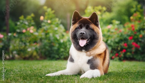 american akita in the garden on the green lawn portrait of a dog s exhibition stand