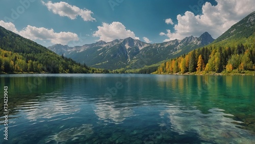 Colorful summer panorama of the lake with Mountain on background