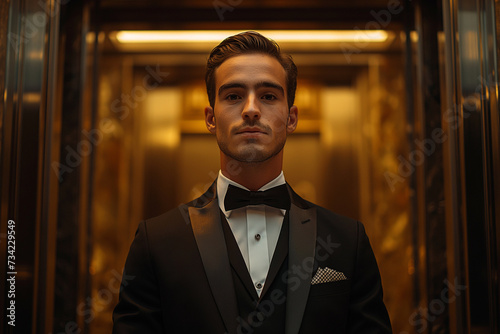 Hombre elegante, extravagante, actor, caminando por un edificio, ascensor de fondo, hotel de lujo, alfombra, luz de película, transmite creatividad, único, exclusivo