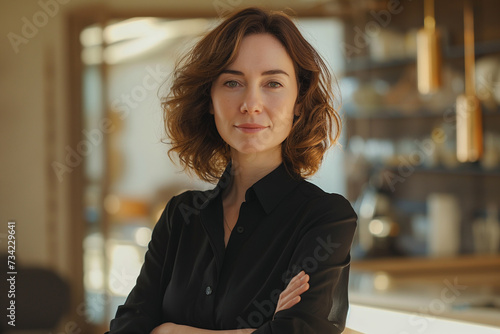 Mujer de mediana edad, vestida elegante con camisa negra, transmite seguridad, empresaria, con su negocio de fondo, iluminación natural, lifestyle, profesional