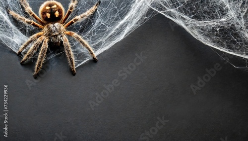 real creepy spider webs hanging on black banner as a top border with a tarantula in the corner