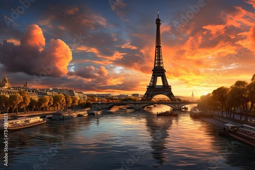 Paris aerial panorama with river Seine and Eiffel tower France, buildings and landmarks with sunset sky background