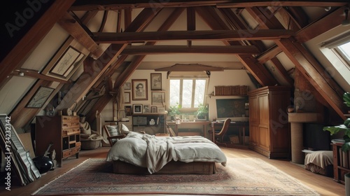  a bedroom with a large bed in the middle of a room with a slanted ceiling and a large rug on the floor in front of the bed is a window.