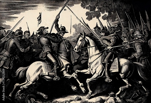 An engraved illustration image of the Battle of Naseby during the English Civil War, from a Victorian book dated 1868 that is no longer in copyright. Generative AI