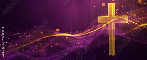 an image of a bright gold cross on purple background with copy space Generative AI
