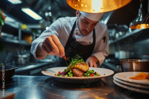 Cook man neatly decorates the dish. young professional chef adding some piquancy to meal. in modern kitchen, at work in uniform