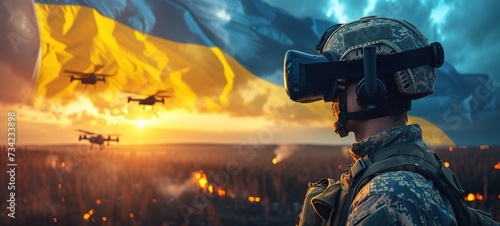 A Ukrainian military man controls and drone wearing virtual reality glasses