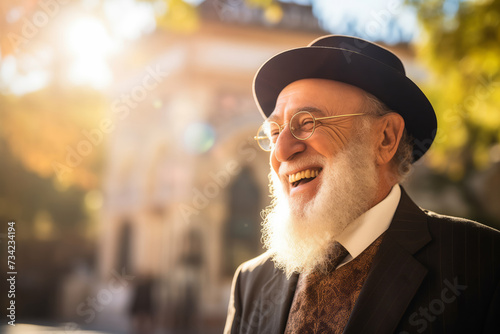 Portrait happy Jewish elder man smiling on outdoors summer in Israel with sunlight