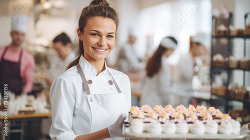 Portrait of a woman 30 - 35 years old against the background of a bakery pastry shop. Small business producing delicious sweet desserts. A woman entrepreneur is the owner of a confectionery shop.