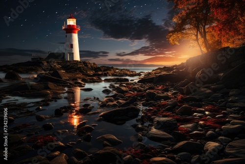 Lonely lighthouse illuminated by moonlight in a rocky peninsula by the sea., generative IA