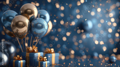 Illustration with dark blue golden sequins balloons and gift boxes. Festive composition with empty space for birthday, party or other promotion banners. Copy space.