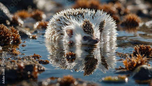 hedgehog carefully navigating tidepools exposed by the receding tide, its curious expression as it investigates the marine life within