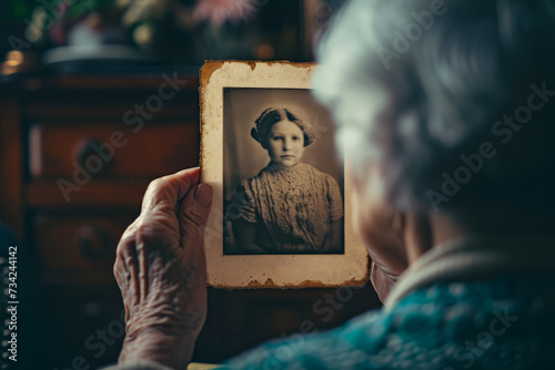 Elderly woman looks at vintage photo of her childhood portrait. Senior lady holding in hand old photo frame. Memories, nostalgia, family album