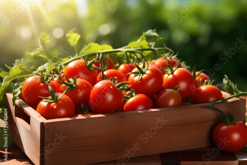 ripe bright red tomatoes in wooden box on sunny day