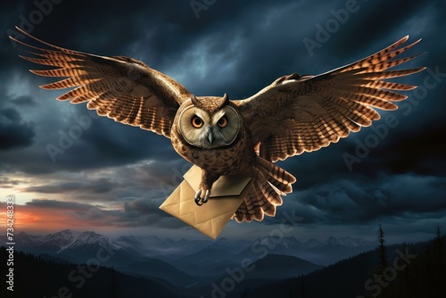 Nocturnal Owl fly envelope. Postmark bird. Generate Ai