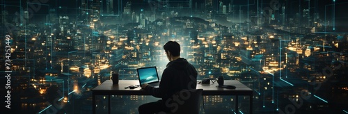 a man sitting at a desk with a laptop in front of a city