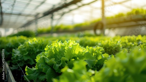 Vibrant Lettuce Greens in Sunlit Hydroponic Farm, Agriculture Innovation. Sunlight filters through lush greenery in a hydroponic system, highlighting sustainable farming methods.