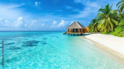  a beach with a hut in the middle of the water and palm trees on the other side of the water.