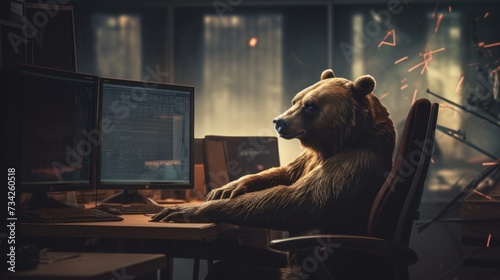 An aggressive bear in trading room in control symbolizing finance and investment bear market concept.