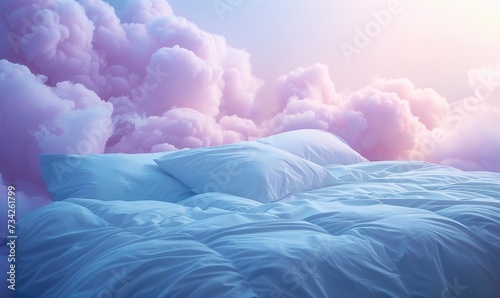 Illustration of a luxuriously comfortable bed resting on clouds in blue and purple tones providing a heavenly experience of rest and relaxation. Heavenly refuge concept.