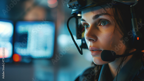 Military communications officer in tactical headset, monitoring screens in a secure operations room.