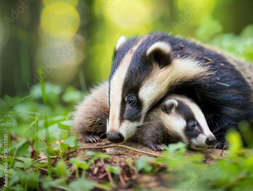 A mother badger and her cub enjoy a tranquil moment in the soft sunset light.