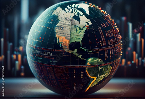 North American economies with stock market tickers on globe. Generative AI