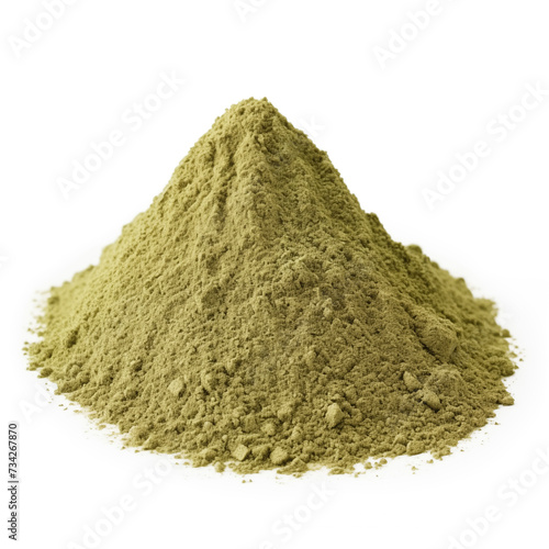 close up pile of finely dry organic fresh raw catnip powder isolated on white background. bright colored heaps of herbal, spice or seasoning recipes clipping path. selective focus