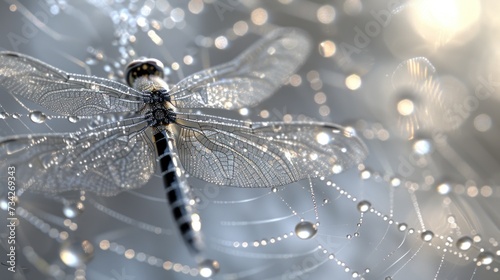  a close up of a dragonfly with drops of water on it's wings and a blurry background.