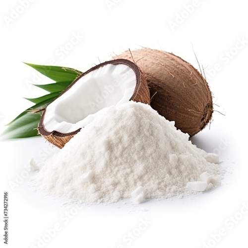 close up pile of finely dry organic fresh raw coconut milk powder isolated on white background. bright colored heaps of herbal, spice or seasoning recipes clipping path. selective focus