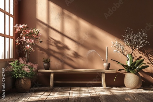 Aesthetic composition of living room interior with copy space, wooden bench, plants in flowerpots, brown wall, flower sprinkler and personal accessories. Home decor