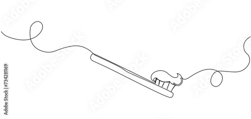 Toothbush with a paste in continuous one line art style. Dental care concept. Simple vector illustration