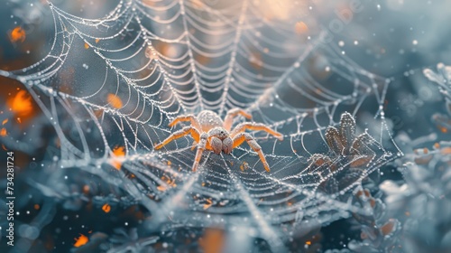 a close up of a spider's web on a spider's web in the middle of a blurry background.