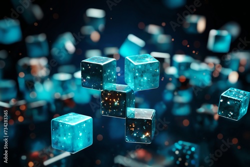 abstract background of black cubes with golden bubbles and dots on them, in the style of 3D rendering computer art