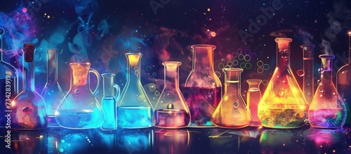 Colorful liquid on scientific glassware for chemical experiment research laboratory background.