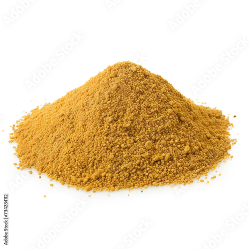 close up pile of finely dry organic fresh raw fenugreek seed powder isolated on white background. bright colored heaps of herbal, spice or seasoning recipes clipping path. selective focus