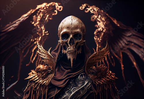 angel of death, hellfire, skeleton, fantasy character, art illustration. Generative AI
