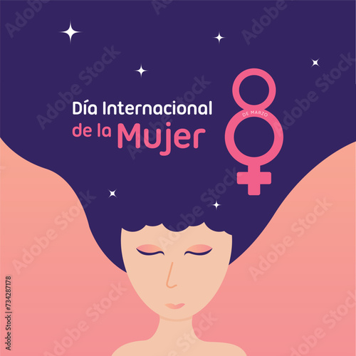 8 de marzo día internacional de la mujer. Ilustración de rostro de mujer
