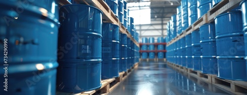 A warehouse filled with a long row of blue barrels on pallets containing liquid che.