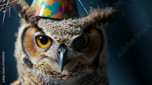 Owl chick with birthday hat, midnight blue background, generative ai