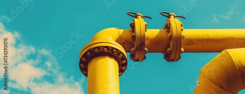 Industrial yellow pipelines and valves contrast against a clear blue sky.