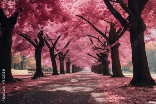 Picturesque Park pink trees leaves. Tunnel beautiful. Generate Ai