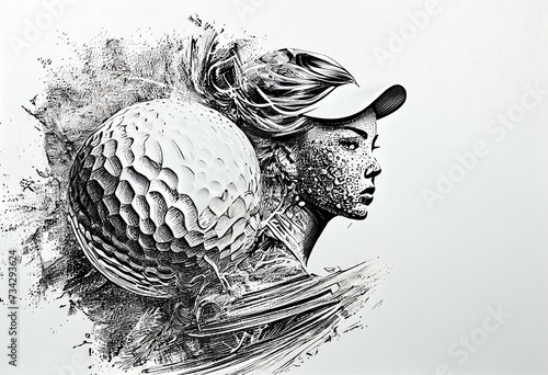 Dynamic golf sport ball monochrome ink drawing illustration on white background, vertical tournament poster. Generative AI