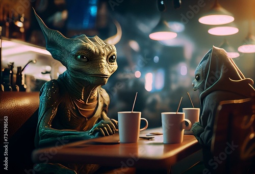 Aliens in cafe, mystical creatures, generated ai. Generative AI