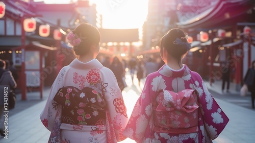 Generative AI : Young women wearing traditional Japanese Kimono at Sensoji Temple (Asakusa temple) in Asakusa Tokyo, Japan.