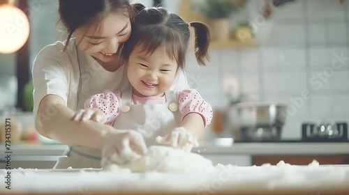 Generative AI : Happy Asian mother and adorable daughter helping knead the dough to make a bakery in the kitchen.
