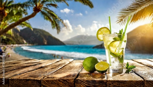 Cold summer drink on wooden table. Free space for your decoration. Ocean landscape with palms and summer sunny day.
