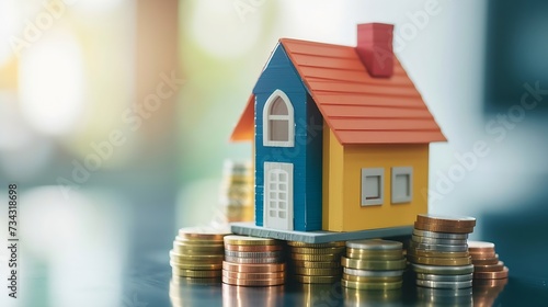 Generative AI : Miniature colorful house on stack coins using as property and financial concept