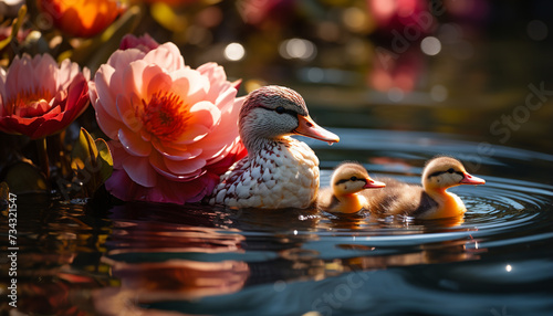Cute duckling quacking on pond, surrounded by nature beauty generated by AI